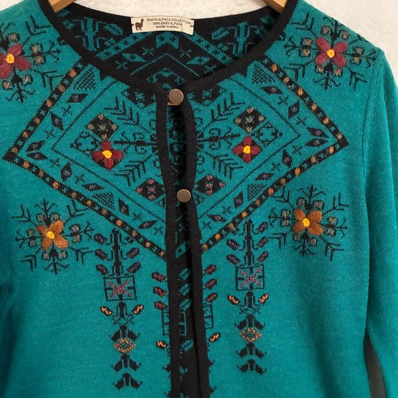 Peruvian Baby Alpaca Collection Cardigan Sweater Women Fits M Traditional Floral - Picture 3 of 9
